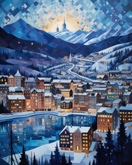 panorama of the city of night in winter