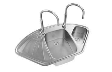 A stainless steel kitchen sink isolated on a white background, equipped with a faucet, and rendered in 3D.