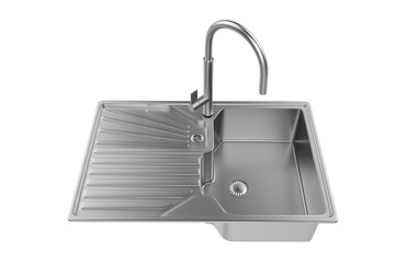 A stainless steel kitchen sink isolated on a white background, equipped with a faucet, and rendered in 3D.