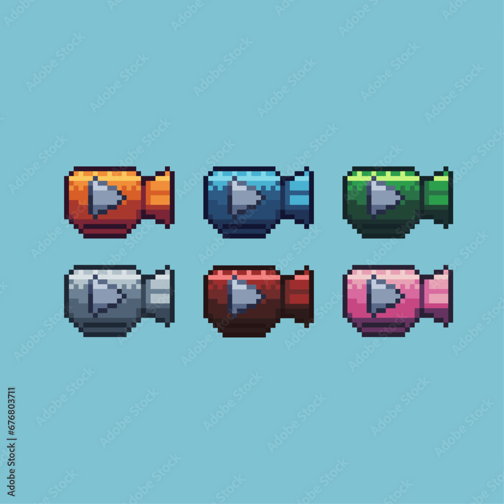 Poster pixel art sets of camera play with variation color item asset. simple bits of camera with play butto