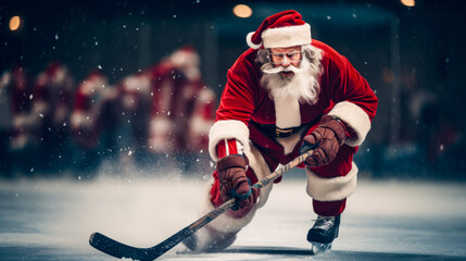 Santa plays hockey on a skating rink in the evening.