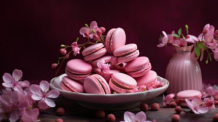  a bowl filled with pink macaroons next to a vase of pink flowers and a vase of pink flowers.  generative ai