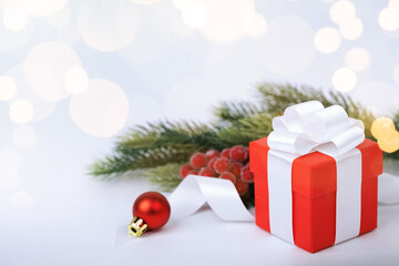 Christmas red gifts with decorations on white background