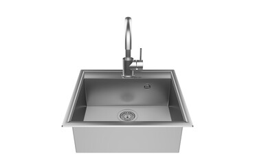 A stainless steel kitchen sink isolated on a white background, equipped with a faucet, and rendered in 3D.