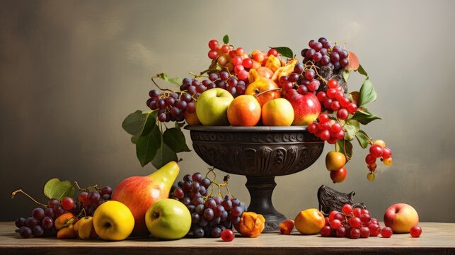  a painting of a bowl of fruit on a table with grapes, apples, pears, and oranges.  generative ai