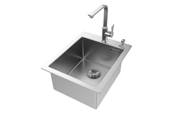 A stainless steel kitchen sink isolated on a white background, equipped with a faucet, and rendered in 3D.