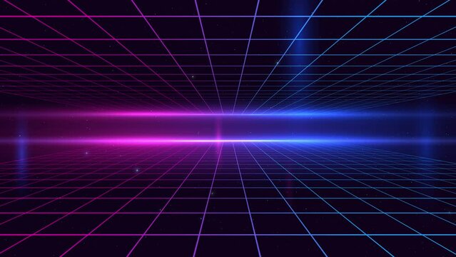 Universe Retro Futuristic 80's Background 4K. Synthwave wireframe net grid. Abstract digital background. 80s, 90s Retro futurism, Retro wave cyber grid. Deep space surfaces. Neon glow particles