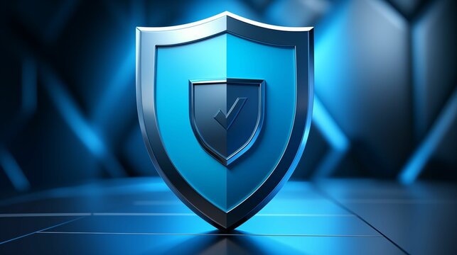 AI generated illustration of A blue, glossy shield with an arrow on its surface.