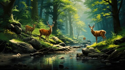  a painting of three deer standing in a forest next to a stream with rocks in the foreground and trees in the background.  generative ai - obrazy, fototapety, plakaty
