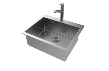 A stainless steel kitchen sink isolated on a white background, equipped with a faucet, and rendered in 3D.