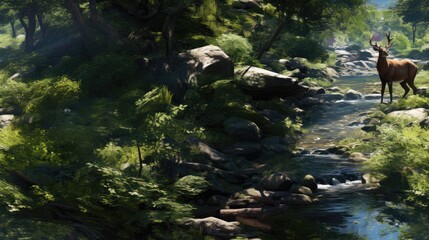  a painting of a deer standing in the middle of a stream with rocks and trees around it and a stream running through it.  generative ai