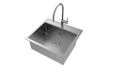 A stainless steel kitchen sink isolated on a white background, equipped with a faucet, and rendered in 3D.