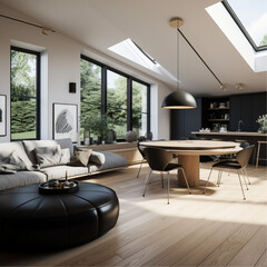 interior, design, scandinavian, black sectional sofa, a combined living room and kitchen, wood round table and black chairs, The room is elongated, and a white kitchen is seen to the right, windows