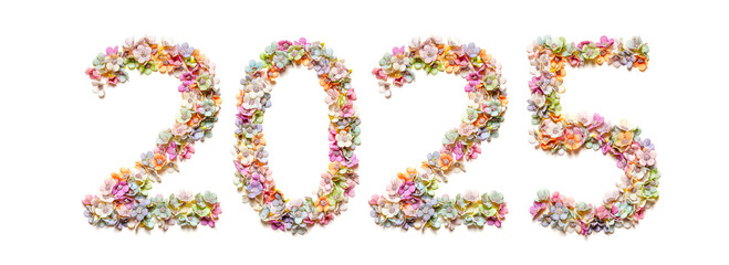 Flowers number 2025 made of colorful flowers on white. Floral numbers. Merry Christmas and Happy...