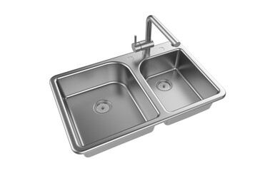 A stainless steel kitchen sink isolated on a white background, equipped with a faucet, and rendered in 3D.