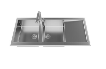 A stainless steel kitchen sink isolated on a white background, equipped with a faucet, and rendered in 3D.