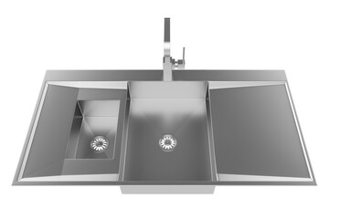 A stainless steel kitchen sink isolated on a white background, equipped with a faucet, and rendered in 3D.