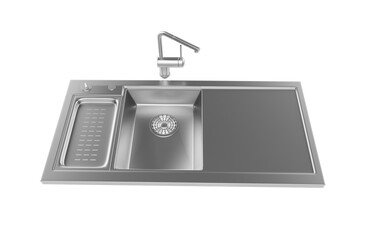 A stainless steel kitchen sink isolated on a white background, equipped with a faucet, and rendered in 3D.