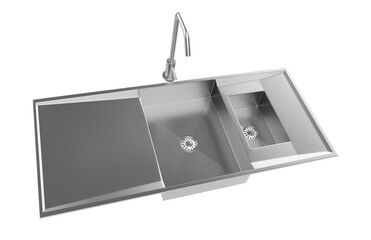 A stainless steel kitchen sink isolated on a white background, equipped with a faucet, and rendered in 3D.