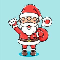 Cartoon vector illustration of Santa receiving a message and carrying a gift bag, funny, cute.