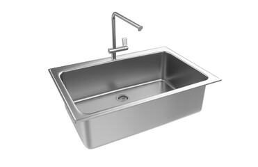 A stainless steel kitchen sink isolated on a white background, equipped with a faucet, and rendered in 3D.