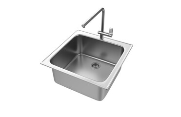 A stainless steel kitchen sink isolated on a white background, equipped with a faucet, and rendered in 3D.