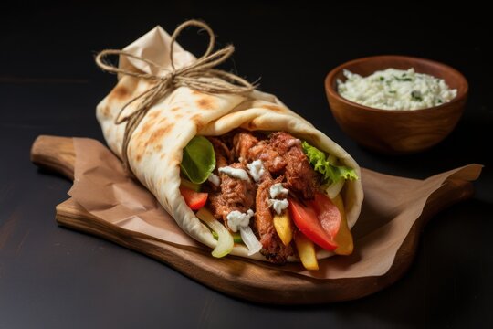 Greek gyros wrapped in pita breads on a wooden table, shawarma sandwich