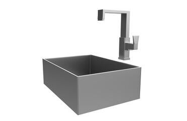 A stainless steel kitchen sink isolated on a white background, equipped with a faucet, and rendered in 3D.