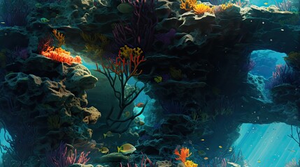  an underwater scene with corals, seaweed, and other marine life on the bottom of the ocean floor.  generative ai