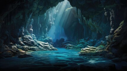  a painting of a river in a cave with sunlight coming from the ceiling and water flowing from the cave to the ground.  generative ai