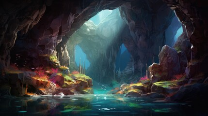  a cave filled with lots of water next to a cave filled with lots of rocks and a light at the end of the tunnel.  generative ai