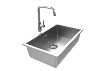 A stainless steel kitchen sink isolated on a white background, equipped with a faucet, and rendered in 3D.