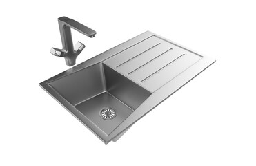 A stainless steel kitchen sink isolated on a white background, equipped with a faucet, and rendered in 3D.