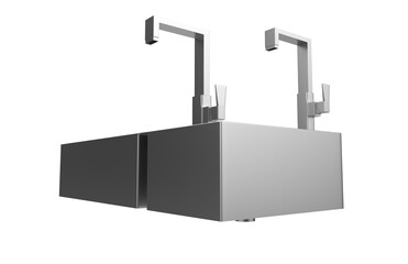 A stainless steel kitchen sink isolated on a white background, equipped with a faucet, and rendered in 3D.