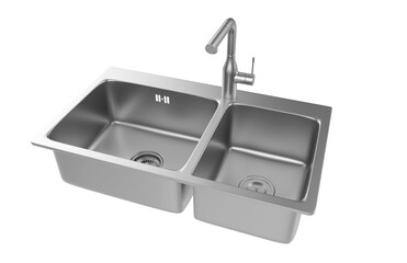 A stainless steel kitchen sink isolated on a white background, equipped with a faucet, and rendered in 3D.