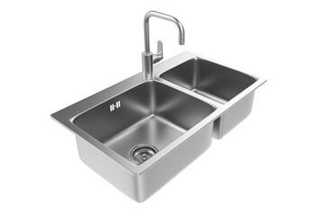 A stainless steel kitchen sink isolated on a white background, equipped with a faucet, and rendered in 3D.