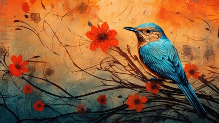  a painting of a blue bird sitting on a branch with red flowers in the foreground and a yellow sky in the background.  generative ai
