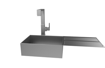 A stainless steel kitchen sink isolated on a white background, equipped with a faucet, and rendered in 3D.