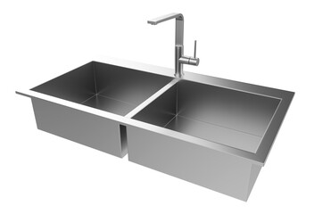 A stainless steel kitchen sink isolated on a white background, equipped with a faucet, and rendered in 3D.