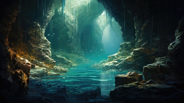  a painting of a cave with a stream in the middle of it and a light at the end of the tunnel.  generative ai