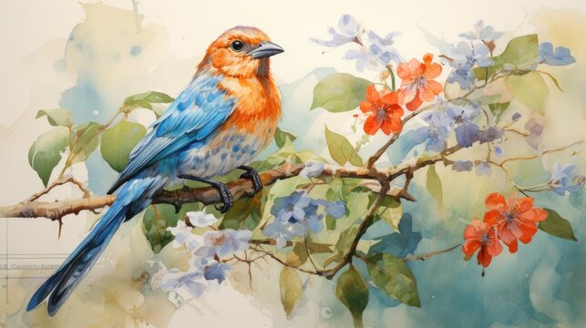  a watercolor painting of a blue bird perched on a branch of a flowering tree with red and blue flowers.  generative ai