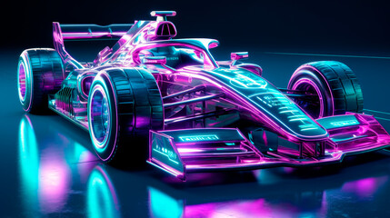 Colourful neon race car. Concept and symbol of high speed, connection, stability.