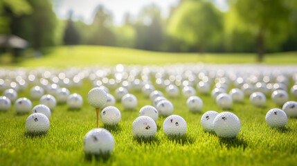 golf ball on tee, drivers and swing equipment for sport and leisure - obrazy, fototapety, plakaty