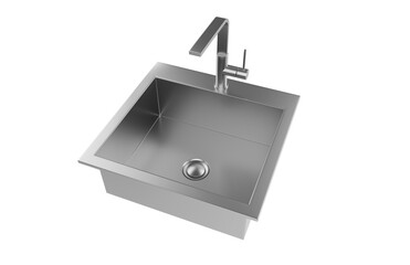 A stainless steel kitchen sink isolated on a white background, equipped with a faucet, and rendered in 3D.