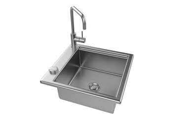 A stainless steel kitchen sink isolated on a white background, equipped with a faucet, and rendered in 3D.