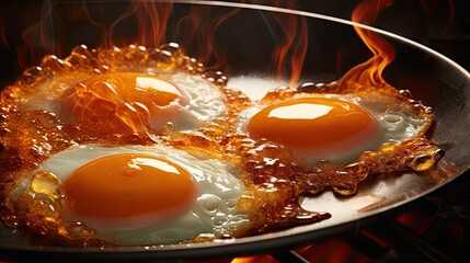  two fried eggs frying in a frying pan on an open flamed flamed burner of a stove.  generative ai