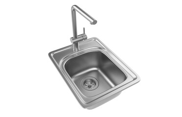 A stainless steel kitchen sink isolated on a white background, equipped with a faucet, and rendered in 3D.