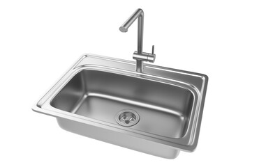 A stainless steel kitchen sink isolated on a white background, equipped with a faucet, and rendered in 3D.