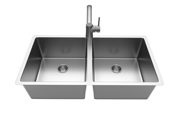 A stainless steel kitchen sink isolated on a white background, equipped with a faucet, and rendered in 3D.