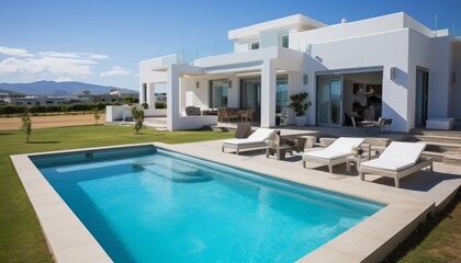 Fototapeta premium Luxurious and serene modern white house with spectacular mountain views and inviting swimming pool